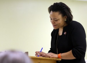 City Councilwoman LaToya Cantrell takes notes during a meeting of the Bouligny Improvement Association in 2013. (UptownMessenger.com file photo by Robert Morris)