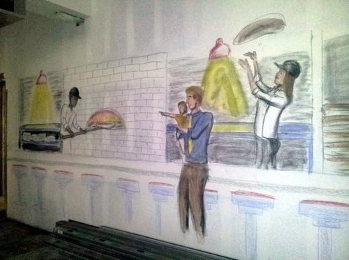 A mural envisions families watching their pizza being prepared at the restaurant's wood-fired oven. (Robert Morris, UptownMessenger.com)