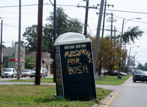 A spray-painted welcome to President Bush on St. Claude Avenue on Aug. 29, 2006. (photo by jewel bush)