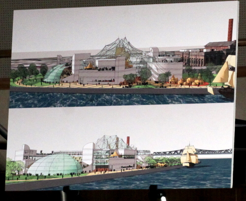 Renderings of the riverfront National Slave Ship Museum presented at City Council on Tuesday. (Robert Morris, UptownMessenger.com)