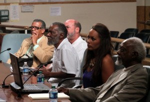 Lloyd Lazard, center, speaks to the City Council Economic Development committee. (Robert Morris, UptownMessenger.com)