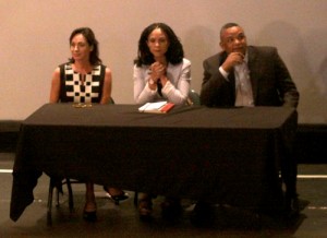 New Orleans health commissioner Karen DeSalvo, MSNBC host Melissa Harris-Perry and Sterling Farms co-founder Troy Henry are introduced during a forum at the Prytania Theatre on Tuesday evening. (Robert Morris, UptownMessenger.com)