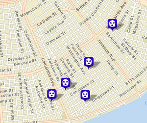 Four armed robberies and a simple robbery over the last two weeks around the Garden District. (map via NOPD.com)