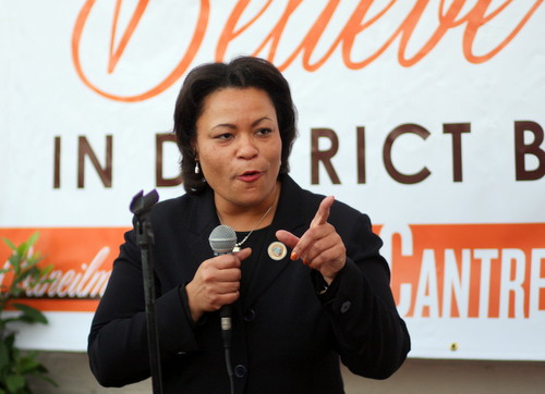 City Councilwoman LaToya Cantrell speaks at her first re-election fundraiser on Oct. 9. (Robert Morris, UptownMessenger.com)