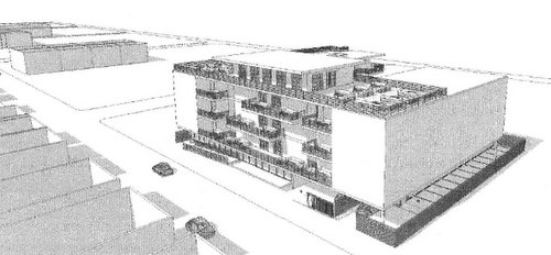 An initial rendering of the Oak Lofts project sent to neighbors. (via the Carrollton-Riverbend Neighborhood Association)