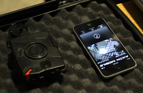 The body camera transmits video to a cell phone in the NOPD Special Operations Division headquarters.