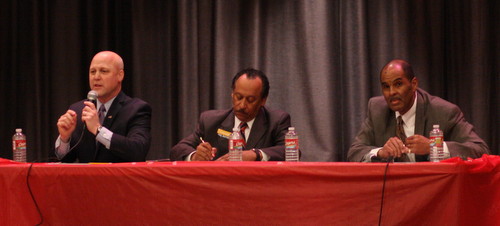 Mayor Mitch Landrieu, Judge Michael Bagneris and NAACP President Danatus King at the Holy Name of Jesus School. (Robert Morris, UptownMessenger.com)
