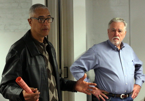 OPSB President Nolan Marshall Jr. (left) and Superintendent Stan Smith speak to Audubon educators and parents on Saturday morning. (Robert Morris, UptownMessenger.com)