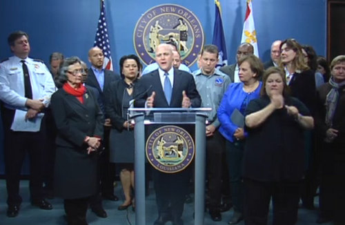 Mayor Mitch Landrieu and other city officials speak about the dangers from the coming winter storm on Monday afternoon. (via nola.gov)