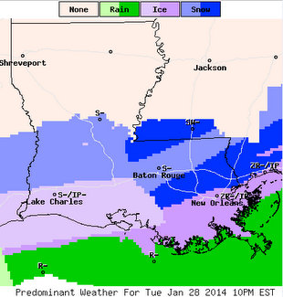 Precipitation forecasts for South Louisiana for 10 p.m. Tuesday (via weather.gov at 12 p.m. Tuesday)