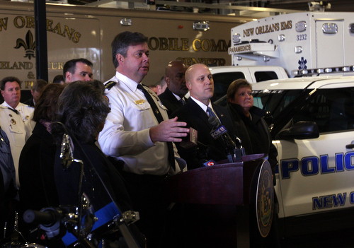 NOPD Superintendent Ronal Serpas, Mayor Mitch Landrieu and several city council members talk about new equipment for the police force. (Robert Morris, UptownMessenger.com)