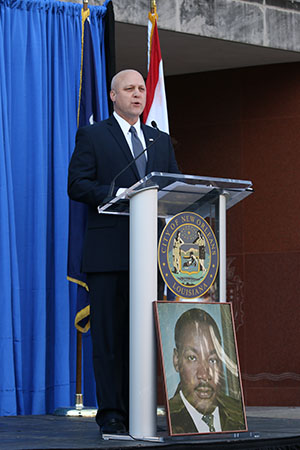New Orleans' mayor Mitch Landrieu delivers his call to action in front of City Hall before the 27th annual MLK Jr. Day Parade.