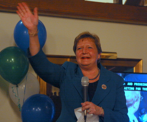 City Councilwoman Susan Guidry waves to supporters at Redemption restaurant in Mid-City as her re-election is announced. (Robert Morris, UptownMessenger.com)