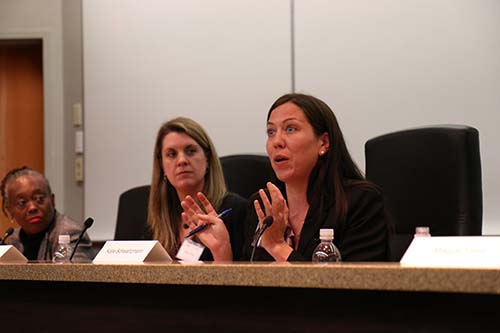 Katie Schwartzmann, lead counsel in the lawsuit against the Orleans Parish Prison that led to the consent decree, discusses the case at Loyola University on Friday. (Zach Brien for UptownMessenger.com)