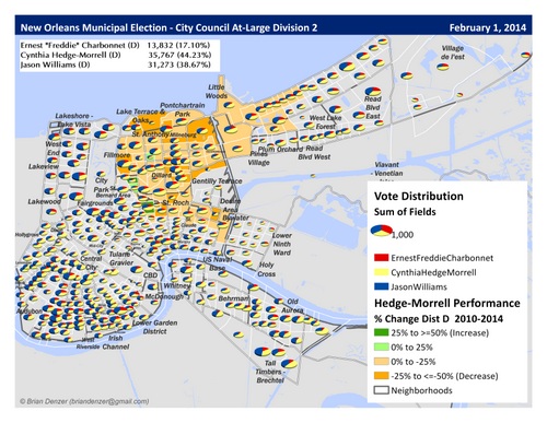 A map of precincts won by City Councilwoman Cynthia Hedge-Morrell and challenger Jason Williams on Saturday. (map by Brian Denzer; click for larger PDF)