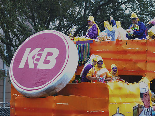 A float dedicated to the now-defunct K&B drug store, a local chain that still remains in popular lore. Krewe of Alla 2014, (Zach Brien, UptownMessenger.com)