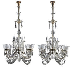 Rare pair of cut crystal gasoliers from around 1900, possibly Baccarat, electrified, 59 inches tall.