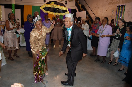 The Mardi Gras Ball Queen, Barbara Pierre and King, Eustis Guillemet dance at the Ashe Cultural Center on Thursday, Feb. 17. (via the Mercy Endeavors Senior Center)