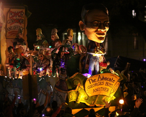 The Krewe d'Etat -- like Chaos and Muses on Thursday -- finds humor in John Georges' purchase of The Advocate. (Robert Morris, UptownMessenger.com)