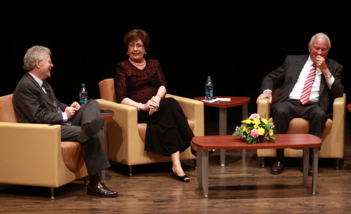 Former Louisiana Govs. Buddy Roemer, Kathleen Blanco and Edwin Edwards share a laugh during one of the lighter moments during Wednesday night's panel discussion at Loyola University. (Robert Morris, UptownMessenger.com)