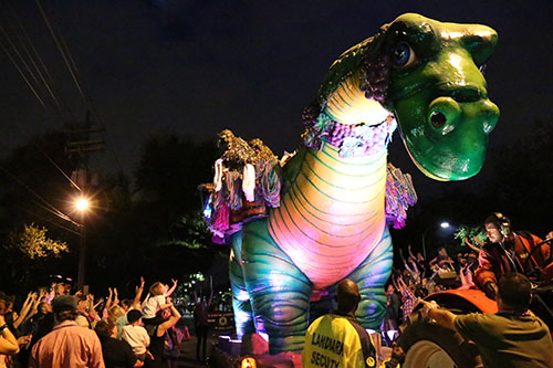The signature Bacchasaurus float. (Zach Brien, UptownMessenger.com)