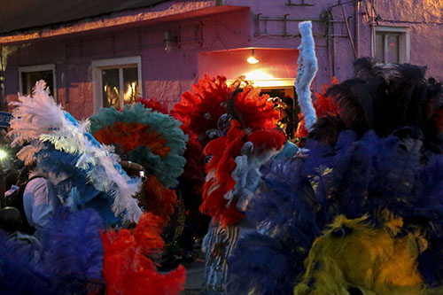 Golden Blades Mardi Gras Indians at the corner of Washington ave. and S. Saratoga on St. Joseph's Night. (Zach Brien, UptownMessenger.com)