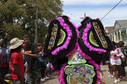 Flag boy of the Mohawk Hunters Mardi Gras Indians on Super Sunday 2014. (Zach Brien, UptownMessenger.com)