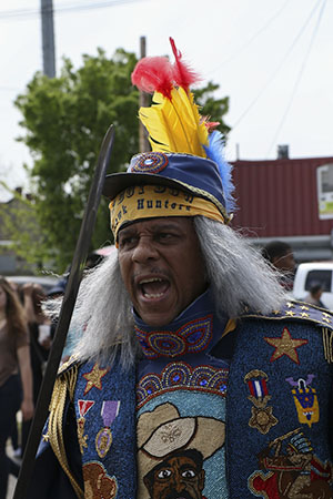 Spy boy of the Mohawk Hunters Mardi Gras Indians on Super Sunday 2014. (Zach Brien, UptownMessenger.com)
