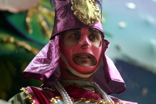 A rider in the Krewe of Rex looks out over St. Charles Avenue. (Robert Morris, UptownMessenger.com)