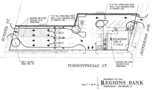 Plans for a new Regions Bank to replace the Roly Poly and an adjacent house on Tchoupitoulas by architect Richard Whitston of Kentucky. (via New Orleans City Council)