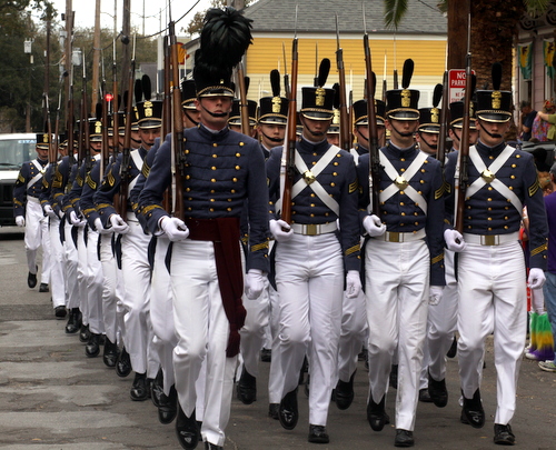 The Citadel from South Carolina leads the Krewe of Thoth onto Magazine Street. (Robert Morris, UptownMessenger.com)