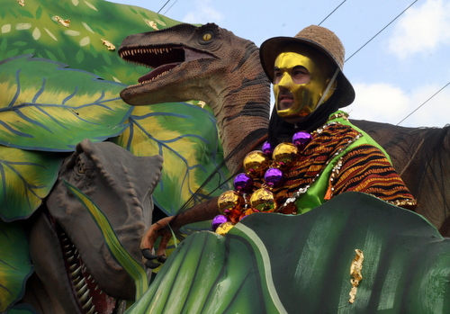 A rider on the Jurassic Park float. (Robert Morris, UptownMessenger.com)