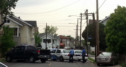 Police investigate a crash on Freret Street near Amelia after a pursuit that damaged two NOPD vehicles. (Robert Morris, UptownMessenger.com)