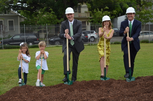 Two students from Newman’s Greenie House; Dale M. Smith, Head of School; Ann Thompson ’74, Vice Chair of Newman’s Board of Governors, and Merritt Lane ’79, Chair of Newman’s Board of Governors break ground on the Green Trees Early Childhood Center. (submitted photo by Roger Hibbert)