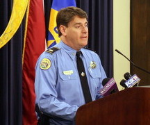 Then-Lt. Frank Young announces arrests in a Garden District home invasion in February. (Robert Morris, UptownMessenger.com)