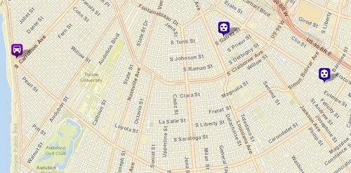 A carjacking in the Riverbend, and two robberies on Fourth and Baronne streets. Not pictured: Saturday morning's robbery on St. Charles Avenue. (map via NOPD)