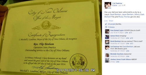An image of the official proclamation welcoming Operation Save America to New Orleans was circulated among the group's members online. (via Facebook.com)