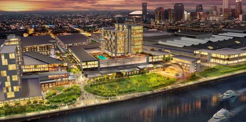 A conceptual drawing of the proposed riverfront expansion of the Convention Center, including a new hotel. (via mccno.com)