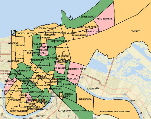 Streetlight repairs have been completed in neighborhoods marked in green, are underway in pink areas, and still to come in orange zones, as of August. (source: nola.gov/DPW)
