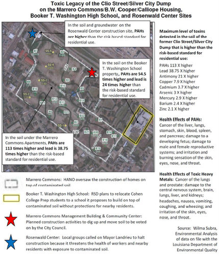 A map of contamination levels at the Booker T. Washington site created by opponents of the RSD's cleanup plan there. (Robert Morris, UptownMessenger.com)