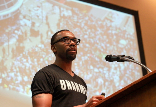 Dr. Andre Perry delivers the keynote address at the Rising Tide conference Saturday, Sept. 13. (Robert Morris, UptownMessenger.com)