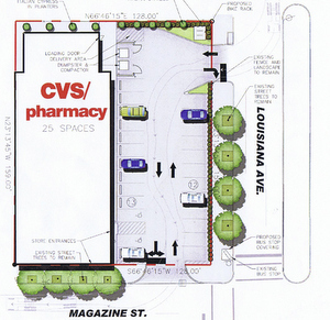 A site map of the proposed CVS at Magazine and Louisiana presented by developers on Tuesday. (design by Linfield, Hunter and Junius architects)