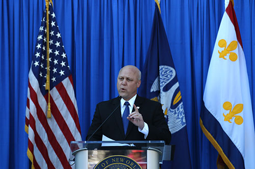 Mayor Mitch Landrieu speaks during the Martin Luther King commemoration on Monday at City Hall. (Zach Brien, UptownMessenger.com)