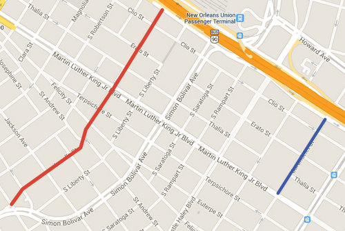 A portion of LaSalle Street (in red) would be renamed Rev. John Raphael Way, and part of Carondelet (in blue) would become Robert C. Blakes Sr. Drive, under proposals that received initial approval from the City Planning Commission on Tuesday. (map by UptownMessenger.com, via Google Maps)