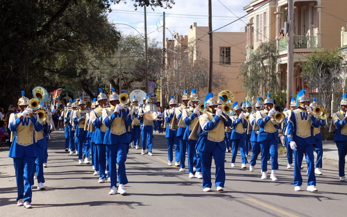 The Sophie B. Wright band marches on Magazine Street in the Krewe of King Arthur parade. (Robert Morris, UptownMessenger.com)