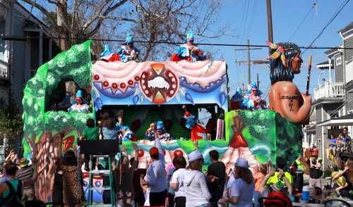 The Krewe of King Arthur "Crazy Horse Monument" float on Magazine Street. (Robert Morris, UptownMessenger.com)