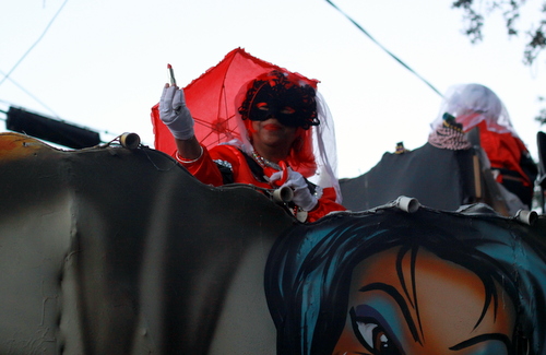 A rider on the Mystic Krewe of Femme Fatales "Brides of Dracula" float. (Robert Morris, UptownMessenger.com)