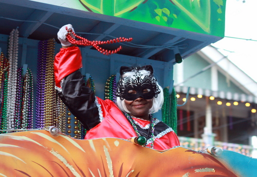 A rider on the Mystic Krewe of Femme Fatales "Haunted Castles" float. (Robert Morris, UptownMessenger.com)