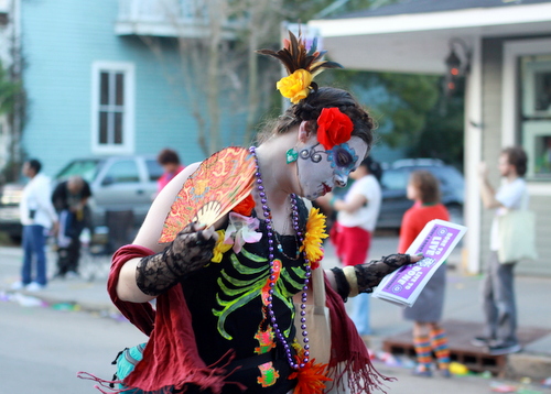 A member of the Skinz and Bonez gang marches in the Mystic Krewe of Femme Fatales. (Robert Morris, UptownMessenger.com)
