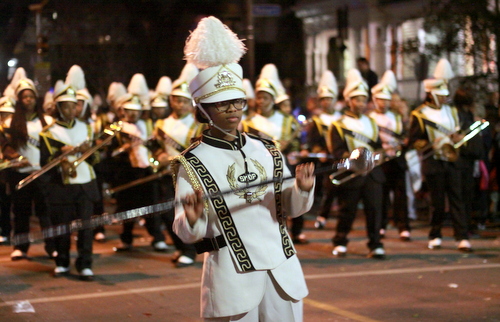 The St. Katharine Drexel Prep marching band performs on Magazine Street. (Robert Morris, UptownMessenger.com)